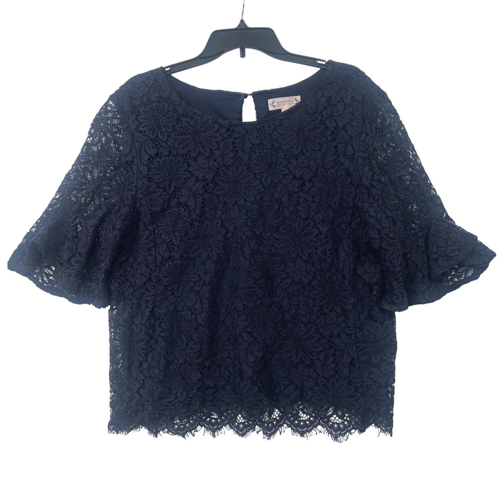 Nanette Lepore Lace Overla Blouse Size XL Navy Blue Bell Sleeve Floral Top - Picture 1 of 7